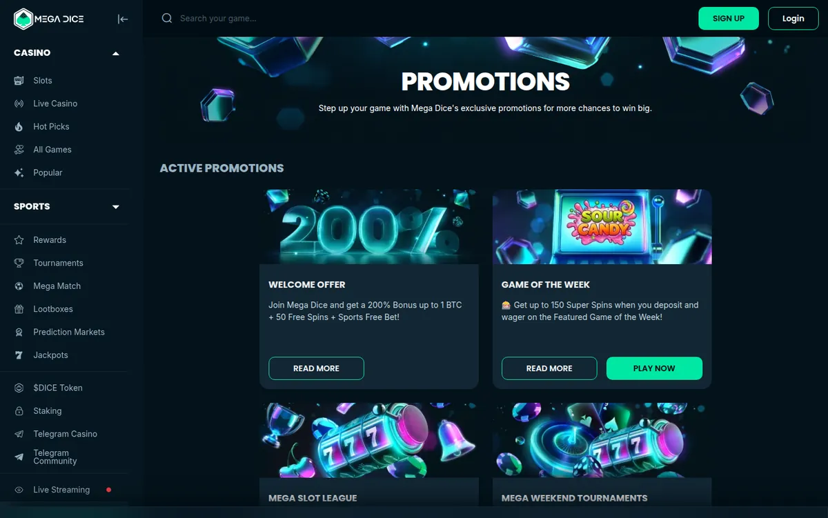 The Mega Dice promotions page listing its current bonus offers and their headline terms