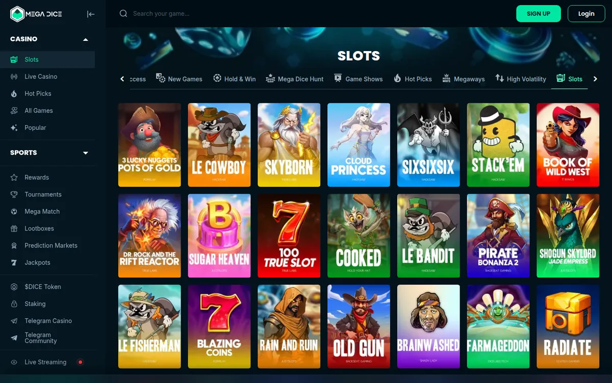 The Mega Dice slots lobby showing the game grid and its filters