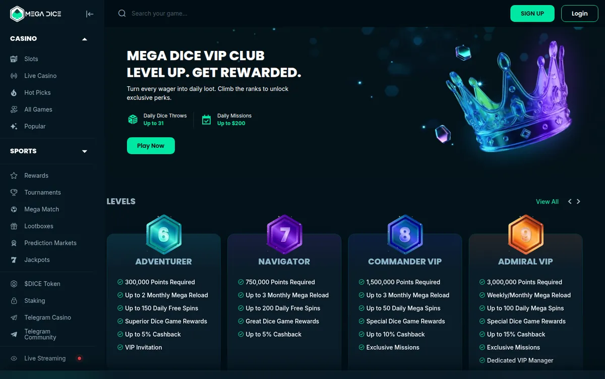 The Mega Dice VIP or loyalty programme page showing its tiers and rewards