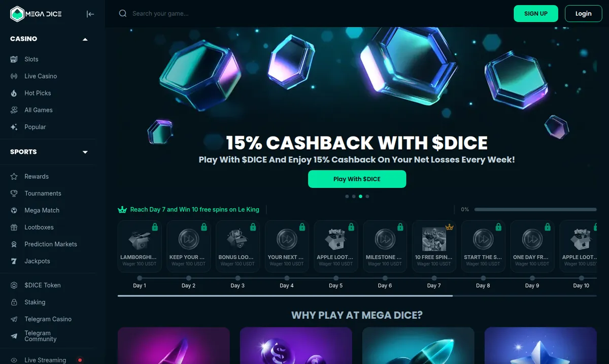 The Mega Dice home page, with a lootbox promotion, a ten-day rewards track and a Telegram Casino link in the sidebar