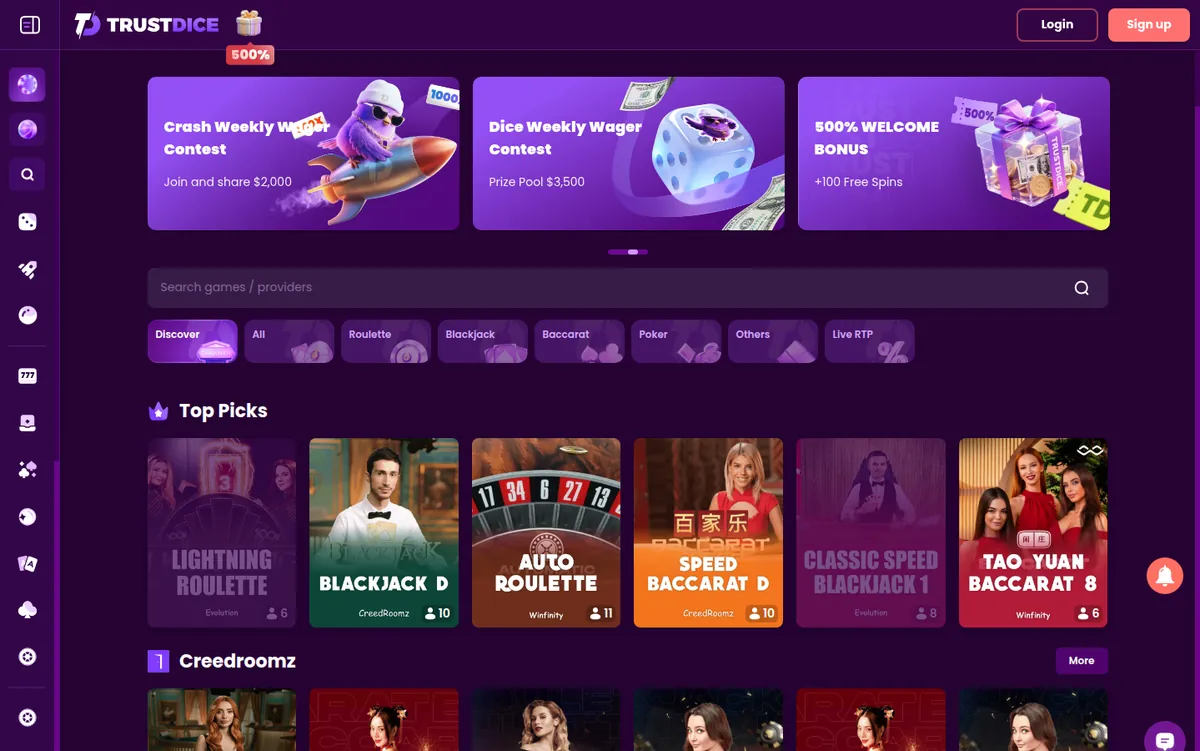 The TrustDice live dealer lobby showing its tables and stakes