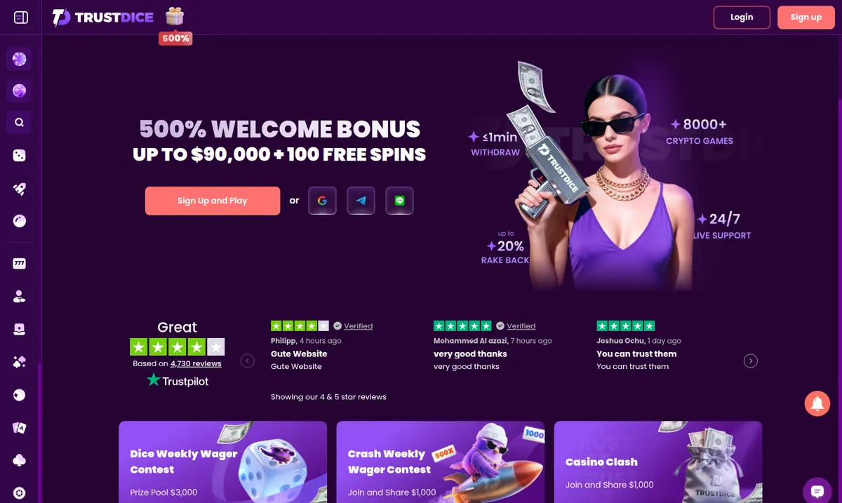 The TrustDice home page: a 500% welcome banner, Trustpilot reviews and a live withdrawals ticker along the bottom