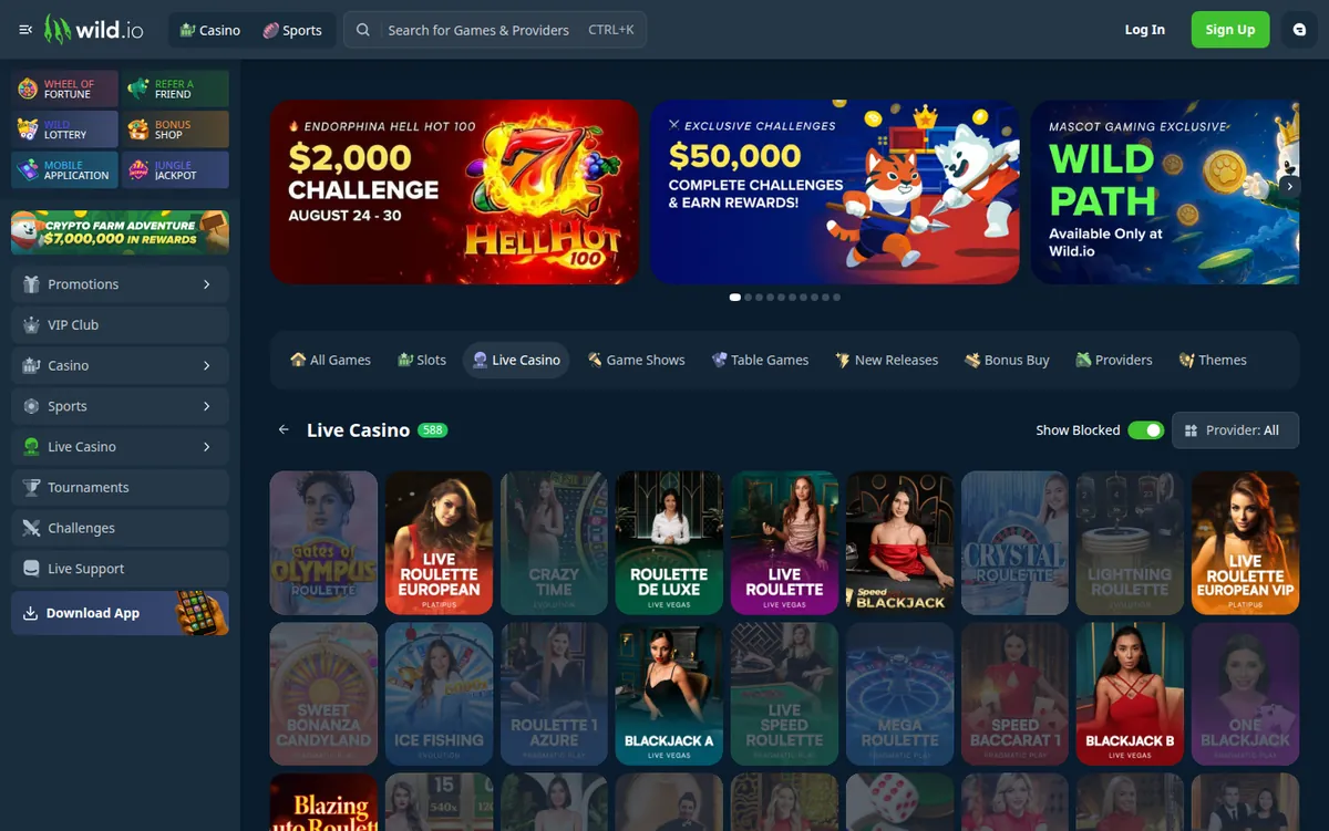 The Wild.io live dealer lobby showing its tables and stakes