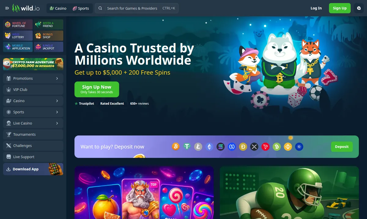 The Wild.io home page showing its welcome offer and lobby
